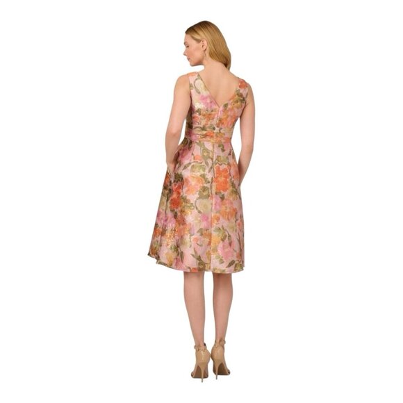 Adrianna Papell Metallic Floral Jacquard Midi Dress Sz 6 Yellow Orange Fit Flare - Picture 4 of 10